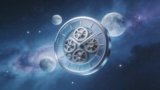 Mechanical clock in space with moons