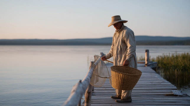 Weathered wooden dock stretching over calm lake at summer solstice dawn, lone fisherman in canvas hat adjusting handwoven creel basket, mist lifting off still water, dragonflies hovering, golden mor
