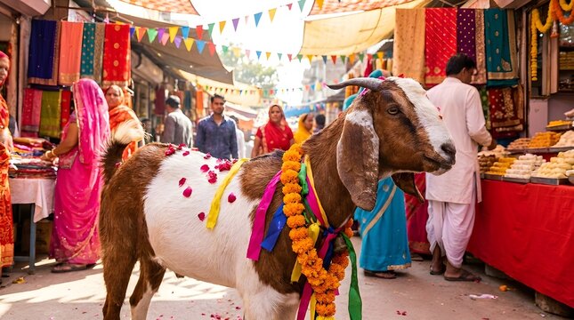 Decorated sacred cow standing in a busy traditional indian market street