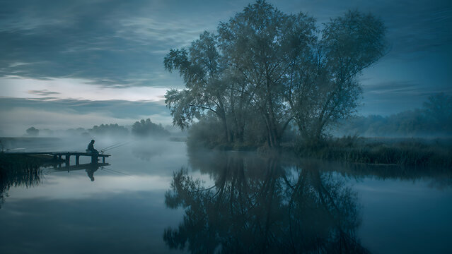 Solitary fisherman sitting on wooden dock fishing at blue misty dawn calm lake with perfect tree reflections atmospheric moody nature landscape tranquility