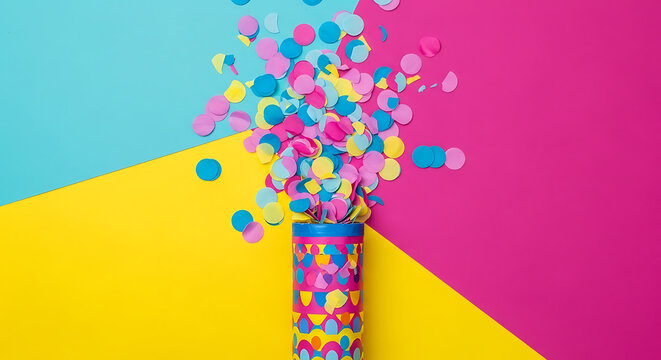 Colorful confetti exploding from a party popper on a vibrant geometric background design layout ai generated