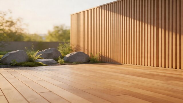 Wooden deck with rocks and plants