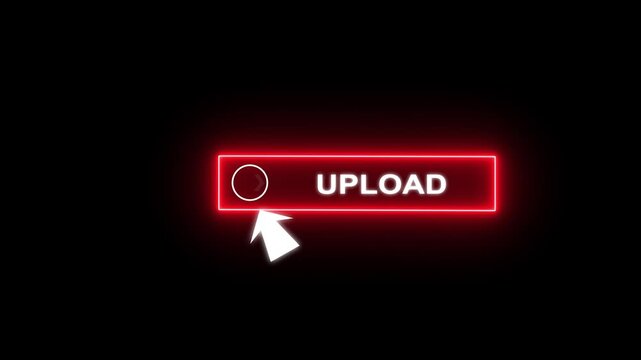 Glowing neon red color white text cursor animation pointing towards upload button in looping with transparent background.