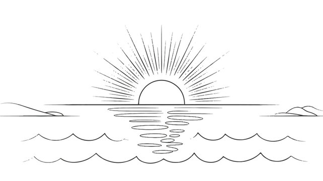 Simple line drawing of sunrise over calm ocean water with small waves and rocks
