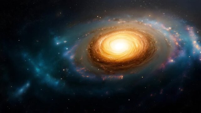 Spiral galaxy with vibrant colors and glowing core in deep space, cosmic structure with swirling arms, star field and interstellar dust, cinematic astronomy background and universe