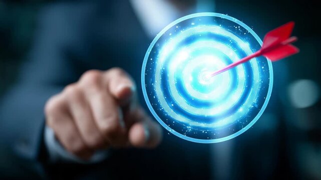 Target icon, arrow, businessman hand, corporate strategy, goal setting, marketing success, business growth, focus, blue teal technology, business strategy