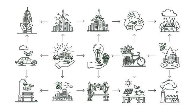 Sustainable Ecosystem in Illustration: An artistic depiction of eco-friendly practices, showcasing a harmonious cycle of nature, recycling, and sustainable living.