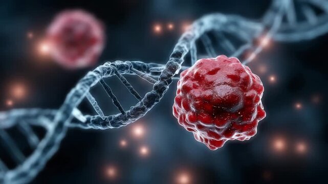 Virus particle near DNA strands, medical research and virology concept, molecular biology, infection study, biotechnology science, dark realistic macro laboratory visualization