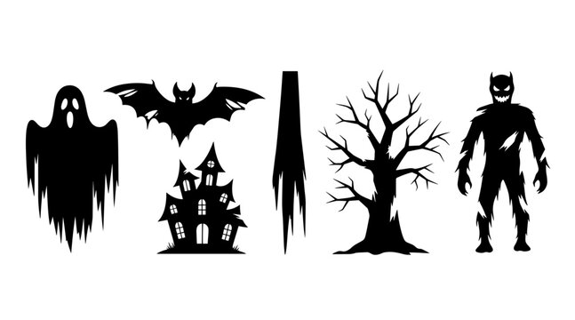 Halloween Silhouette Icons Set: Ghost, Bat, Haunted House, Scary Tree, and Monster Figure
