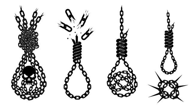 Set of six Halloween chain knot illustrations with skull and breaking links, ominous dark design