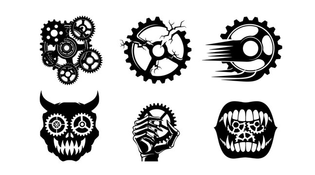 Steampunk Gears, Monster Skull, and Grinning Mouth: Collection of Black and White Graphic Elements