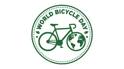 Fototapeta premium World Bicycle Day Round Stamp Badge Vector with Globe, Rear Wheel, Star and Leaf Icons on Transparent Background