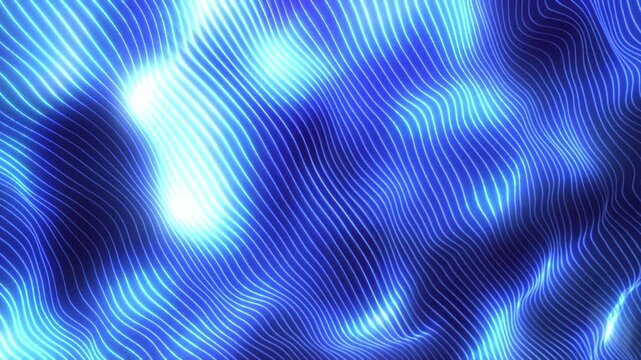Abstract blue wavy lines background with flowing optical distortion and glowing gradient texture. Futuristic digital pattern for motion graphics and design.