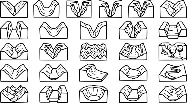 Geography  Geology Line Art Set: Earth Science Diagrams of Valleys, Canyons, Gorges, River Channels, and Landform Cross-sections for Educational Content