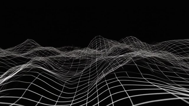 Abstract wireframe landscape moving, digital terrain waves, dark background
