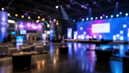 Obraz premium Blurred event hall background bokeh lights conference center exhibition stage corporate meeting gala ballroom party theater show auditorium indoor