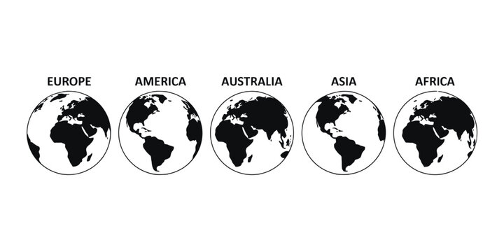 Globe illustration vector set of five continents Europe America Australia Asia Africa black world map silhouette bundle concept design.