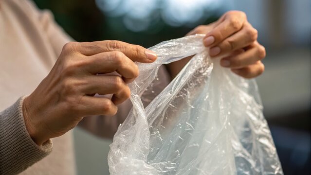 Hands of an elderly person carefully stretching and inspecting a thin, transparent plastic sheet with a blurred background.