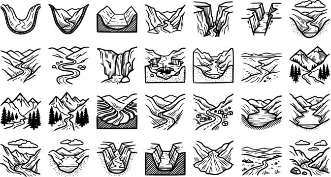 Black and White Line Art Vector Icons of Natural Landscapes, Mountains, Rivers, Canyons