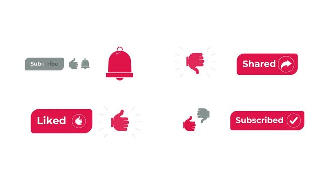 Digital content platform interactive flat buttons with click animation pack. Like, share and subscribe actions. User feedback. Minimal UI elements animated press effect. CTA video overlay collection