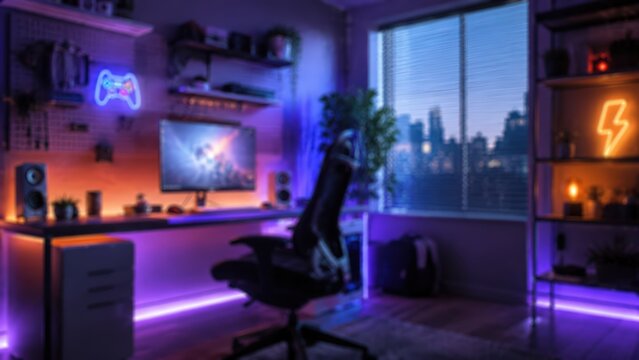 Gaming room home office desk setup with neon led lighting blurred background bokeh interior design workspace with city view pc station