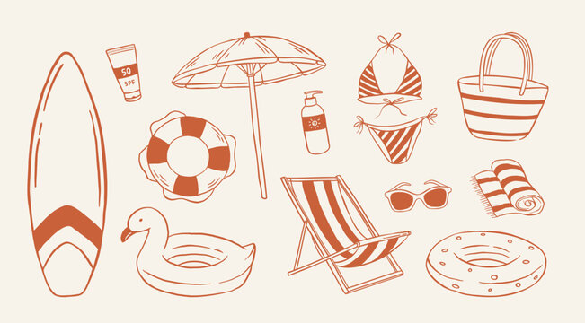 Hand drawn retro summer beach set with surfboard, umbrella, deck chair, bikini, sunscreen cream and pool floats icons. Doodle terracotta vacation essentials vector illustration