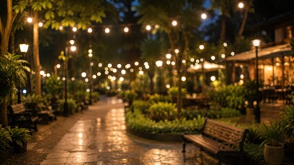 Fototapeta premium Blurred park night garden bokeh background string lights bench outdoor restaurant cafe terrace cozy evening atmosphere landscape
