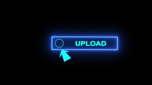 Glowing neon red color white text cursor animation pointing towards upload button in looping with transparent background.