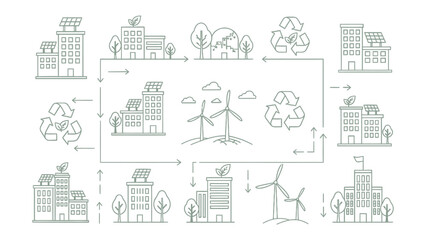 Fototapeta premium Eco-Friendly Urban Oasis: This illustration depicts a sustainable city, combining eco-friendly buildings and renewable energy sources.