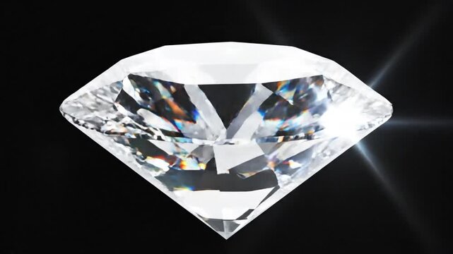 4K close-up shot clear round cut diamond rotating against black background ray-traced reflections, luxury jewelry showcase aesthetic, crisp and glamorous studio lighting.