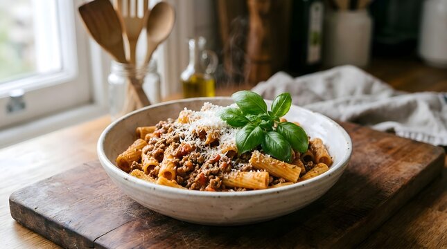 Delicious rigatoni pasta with meat sauce and fresh basil