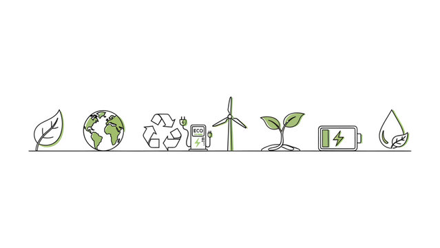 Sustainable world: A conceptual illustration depicting symbols of environmental protection and sustainability in a row, symbolizing a commitment to preserving the planet's health and vitality. 
