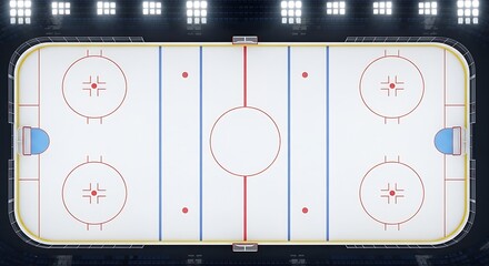 Naklejka premium Aerial view of an empty ice hockey rink, ready for a game, with overhead lighting.