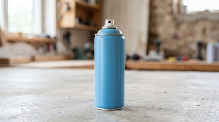 Obraz premium Light Blue Spray Paint Can Standing on Concrete Floor in Workshop