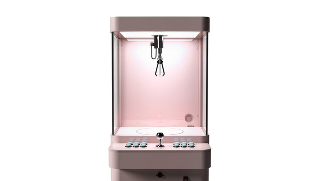 Pink arcade claw machine with joystick and buttons, isolated on transparent background
