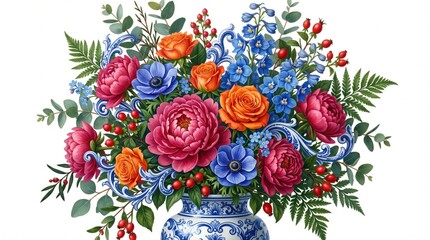 Fototapeta premium Vibrant floral bouquet in blue and white porcelain vase with watercolor background
