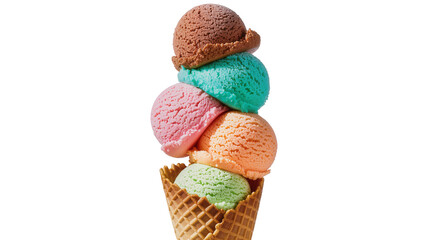 Obraz premium Towering stack of five colorful ice cream scoops in waffle cone, isolated on transparent background