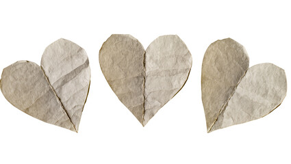 Obraz premium Three textured paper hearts folded, isolated on transparent background