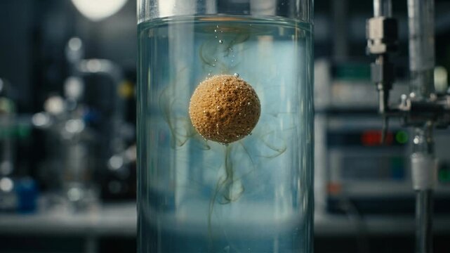 Green carbon capture chemistry sphere tablet dissolving reaction. porous sponge releasing green chemistry bubbles and brown plume serene laboratory