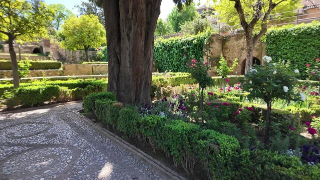 Panoramic view of the Generalife Gardens in the Alhambra complex in Granada, Andalusia, Spain.