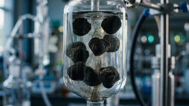 Carbon capture chemistry green chemistry porous charcoal pellet reactor glass vessel suspended black porous carbon spheres smoky diffusion swirling