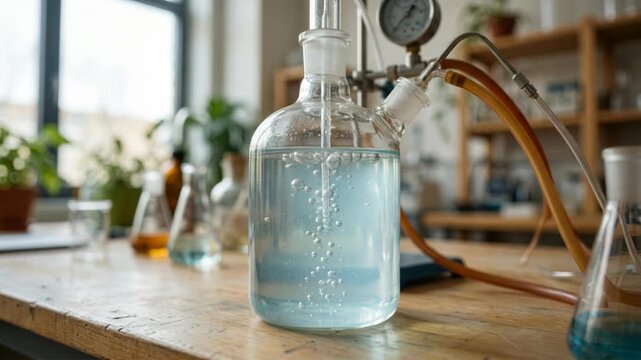 Clear glass bottle bubbling blue liquid laboratory with tubing and flask showcasing carbon capture green chemistry experiment plant filled workspace