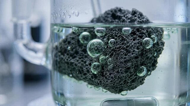 Porous charcoal sphere carbon capture chemistry green bead porous carbon capture chemistry clear liquid with rising bubbles and floating sponge