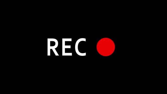 Recording button icon animation with blinking rec text animation on black background. 4k animation