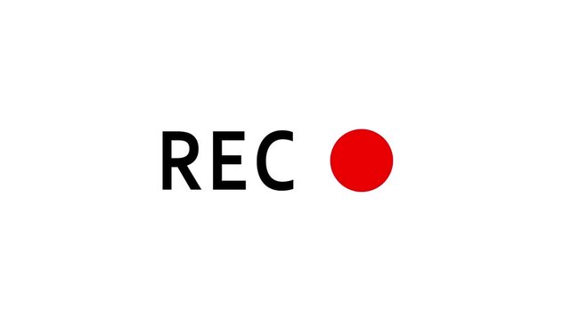 Recording button icon animation with blinking rec text animation on white background. 4k animation