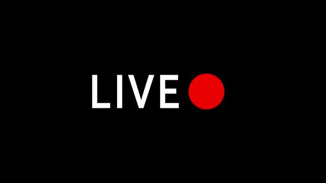 Recording button icon animation with blinking Live text animation on black background. 4k animation