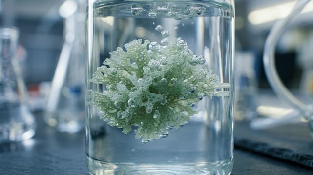 Green carbon chemistry capture sponge floating clear laboratory solution with bubbles green algae fragment glass jar carbon capture chemistry green