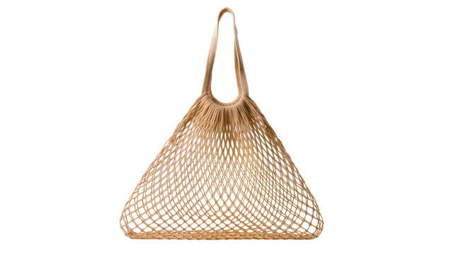 Woven natural fiber string bag with handles, isolated on transparent background