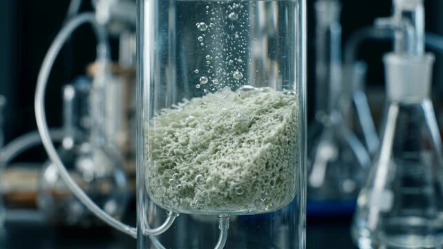 Green chemistry carbon capture chemistry catalyst sponge porous sorbent in glass reactor bubbling liquid for laboratory carbon capture process