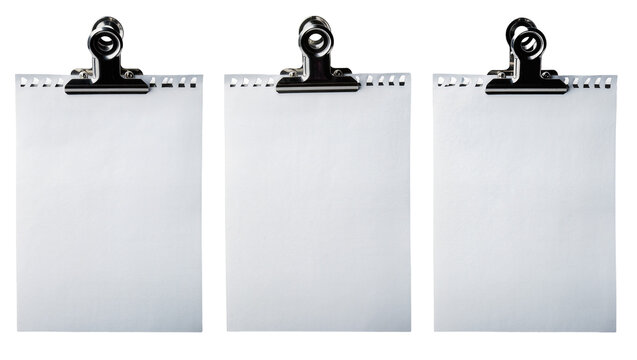 Three blank white paper sheets held by binder clips, isolated on transparent background